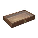 MOOCA Natural Wood Glass Top Jewelry Display Case Accessories Storage Box with Metal Clasp, Wooden Jewelry Tray for Collectibles, Home Organization, Brown