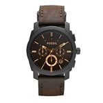 Fossil Men’s Machine Quartz Stainless Steel and Leather Chronograph Watch, Color: Black, Dark Brown (Model: FS4656)