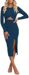 Pink Queen Going Out Dresses for Women Cutout Twist Ruched Ribbed Knit Cocktail Midi Dress Clubwear Dark Blue M