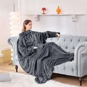 Aisbo Wearable Blanket with Sleeves Women - Warm Fleece Blanket with Arms for Mens, Gift for Her, Sleeved Blanket for Adult, TV Blankets with Foot Pocket, Dark Grey, 150x200cm