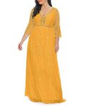 Women's Plus Size Boho Maxi Floral Lace Bohemian Wedding Dress V Neck Flowy Long Party Dresses, Mustard Yellow, 24 Plus