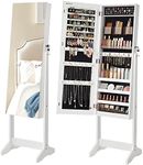 SONGMICS Jewelry Cabinet Armoire, Freestanding Lockable Storage Organizer Unit with 2 Plastic Cosmetic Storage, Full-Length Frameless Mirror, for Necklace Earring, White UJJC002W01