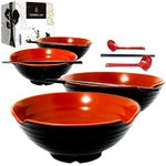 4 XL set (12 pieces) Ramen Bowl Set, Asian Japanese soup with Spoons and Chopsticks. Restaurant Quality Melamine, Large 39 oz for Noodles, Pho, Udon, Thai, Chinese dinnerware, 9 inch