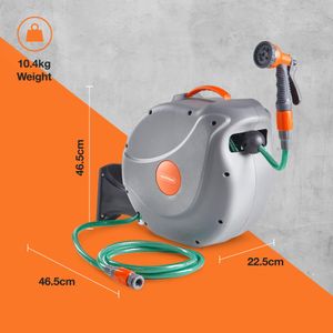 VonHaus 30m Wall Mounted Retractable Hose Reel – Auto Rewind, 8-Function Spray Gun