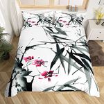 Loussiesd Chinese Style Duvet Cover, Ink Painting Bedding Set Single Size For Kids Teens Adult, Bamboo Leaves Quilt Cover, Vintage Style Plum Comforter Cover Lightweight Bedroom Decor, Grey White