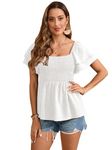 SOLY HUX Women's Puff Short Sleeve Square Neck Shirred Ruffle Blouse Top, Solid White, X-Large