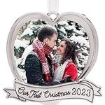 Wedding Ornaments 2023 – Our First Christmas Ornament – Heart Picture Frame Ornament with Silver Ribbon – 2023 Christmas Ornament for Engaged or Newlyweds