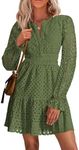 PRETTYGARDEN Women's 2024 Long Sleeve Mini Dress Eyelet V Neck A Line Casual Elegant Holiday Wedding Guest Party Dresses (Army Green,Medium)