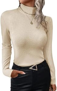 UEAL Underscrub Long Sleeve Women Fitted Ribbed Mock Neck Thermal Tops Shirts for Women Medium Khaki