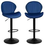 Youhauchair Modern Bar Stools Set of 2, Velvet Height Adjustable Swivel Barstools, Armless Kitchen Island Counter Chairs with Back & Footrest, Blue