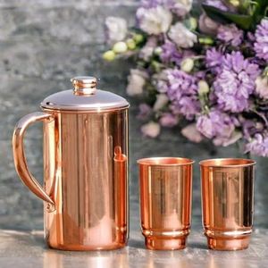 2activelife Copper Water Pitcher With 2 copper cups | pure copper jug with 2copper glasses for Drinking and Serving Water in Daily Use (50.7 fl Oz)