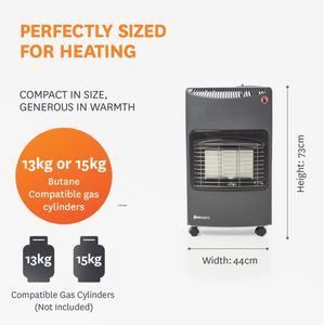 WARMGLOW Portable Gas Heater, 4.1KW Indoor – Grey, 3 Heat Settings, ODS, Wheels