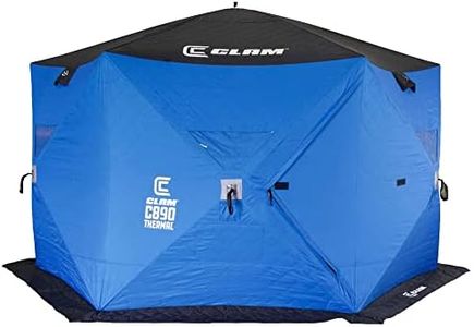 CLAM C-890, 11.5 x 11.5 Foot Lightweight Portable Pop Up Ice Fishing Angler Thermal Hub Shelter Tent with Anchors, Tie Ropes, and Carrying Bag, Blue