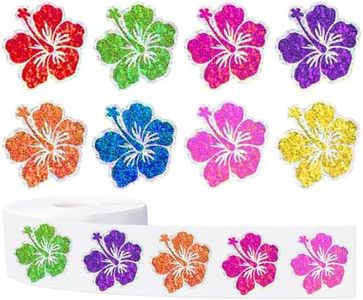 FYSUIMU Hibiscus Flower Stickers Roll 1.5 Inch Holographic Summer Tropical Floral Sparkly Adhesive Paper Decals for Hawaiian Luau Party DIY Crafts Envelope Scrapbook Supplies, 500Pcs