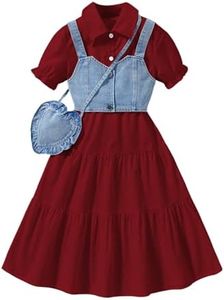Verdusa Girl's Flared Ruffle Boho Dresses Button Down Collared Dress with Denim Crop Vest and Small Bag Burgundy 9 Years