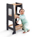 kidoola Toddler Learning Tower & Mini Desk (up to 12 Years), Safe & Creative Toodler Tower for Kids, Toddler Steps Stool with Secure Safety Bars & Adjustable Height, Black & Whiteboard, Easy to Build