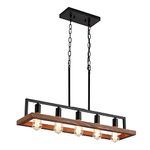 5-Light Rustic Wood Kitchen Island Lighting, Oak Wood and Metal Linear Chandelier, Retro Industrial Pendant Light Fixture for Kitchen Island Dining Room Farmhouse, Black