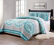 Mk Collection 3pc Full/Queen Size Bedspread Quilt Over size 106" x 95" Aqua Turquoise Coastal Plain" Grey Green" White Elegant Design # Oslo Aqua