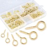 120Pcs 6 Sizes Metal Screw-in Eye Bolts Screw Eyes Hooks Kit, Gold Screw Eyes Hooks Self-Tapping Screws Hooks for Home/Workplace/Office