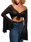 EVELUST Rave Bell Mesh Crop Top for Women - 70s Long Sleeve Tie Front Sheer Shirt Ruffle Fairycore Blouse Festival Outfits(Black,S,1087w)