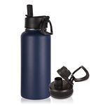 Volhoply 32 oz Insulated Water Bottle with Straw Lid and Spout Lid,Stainless Steel Sports Water Bottle,Double Wall Vacuum Thermos,Leakproof Metal Flask with Wide Mouth for Hiking,Camping(Navy,1)