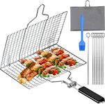 Fish Grilling Basket, Folding Portable Stainless Steel BBQ Grill Basket for Fish Vegetables Shrimp with Removable Handle for Fish Vegetables Steak with 8 BBQ fork, Storage Bag and Brush(32x 21.5cm)