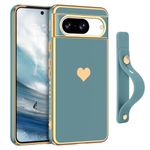 Google Pixel 8 Case YINLAI Cute Plating Love Heart Pattern Google Pixel 8 5G Case with Wristband Holder TPU Rubber Shockproof Women Girls Protective Cover Case for Google Pixel 8 2023, Gray Blue