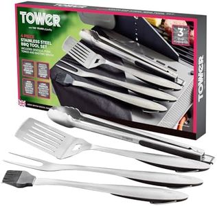 Tower T932002 4 Piece BBQ Tool Set with Hanging Loop, Including Spatula, Fork, Tongs & Basting Brush, Stainless Steel