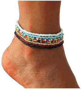 VFlowee Boho Handmade Beaded African Anklets Multicolor Women Stretch Seed Beads Rainbow Ankle Bracelets Glass Bead Bracelet Elastic Foot and Hand Chain Jewelry (7PCS)