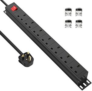 Extension Lead Surge Protection 7 Way Multi Plug Power Strip with Switches, Desk Power Strip 19 Inch Rack Mount Power Socket for Home Office Power Distribution Unit (PDU), Black 2500W/13A