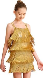Sanmsoner Girls Latin Tassel Dance Dress Sequin Fringe Skirt Sparkly Camisole Dancewear(0430-05-XL) Gold