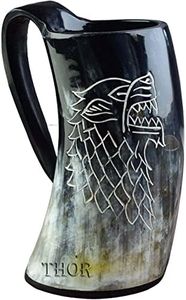 Viking Handicrafts Wolf Engraved Drinking Horn Mug Tankard Horn Authentic 16 Oz Mug