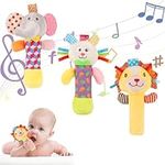 Radsocken 3PCS Baby Soft Rattles, Baby Rattles Plush Rings, Plush Animal Rattle Toys for Babies 0-6 Months, First Baby Sensory Toy with Sound for 0 3 6 Month Infant Gift (Elephant, Lion, Rabbit)