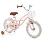 COSTWAY Kids Bike, 14 Inch Toddler Bike Children Bicycle w/Training Wheels, Hand & Coaster Brakes, Adjustable Saddle & Handlebar, Basket, Bell, Kids Bicycle for Girls Boys Aged 3-8 Years Old, Pink