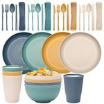 32 Pieces Wheat Straw Dinnerware Sets, Reusable Unbreakable Dinnerware Set, Plastic Dinnerware Sets, Picnic Camping Dinner Sets, Lightweight Camping Plates Cups and Bowls Set for Dorm Kitchen