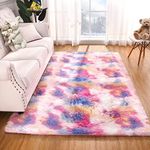 Garvee Fluffy Colorful Kids Rug for Girls Bedroom Carpets, Kawaii Rainbow Tie Dye Fuzzy Rugs for Teens Dorm Shaggy Nursery Area Rug for Baby Toddler Princess Room, Pink Purple, 3x5 Feet