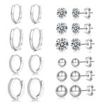 NEVEGE 10Pairs Sterling Silver Hoop Earrings 925 Sterling Silver Stud Earrings for Women Hypoallergenic Cartilage Earrings for Girls Tiny Cubic Zirconia Ball Stud Earrings Set for Multiple Piercing