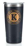 the Man the Myth the Legend Mug with Initials, Monogrammed Stainless Steel Travel Tumbler for Men, Funny Personalized Coffee Cup, Custom Beer Glass, Unique Birthday Christmas Gifts for Him, 20 oz, K