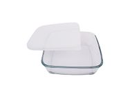 Borosil Baking & Serving Square Shape Dish with White Lid | Borosilicate Glass Bakeware and Serveware Tray | Microwave, Oven & Dishwasher Safe Bowl | Transparent (800 ml)