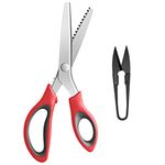 KUONIIY Pinking Shears Serrated, Comfort Grips Handled, Professional Dressmaking Sewing Craft, Zig Zag Cut Scissors, 9 Inch, Red Black