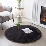 SERISSA Soft Round Faux Sheepskin Fur Area Rug Black Circular Shaggy Rug Round Fluffy Area Rugs Plush Circle Floor Carpet Mat for Bedroom Living Room Floor Decor, 3ft Diameter (Balck)