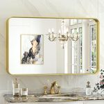 TokeShimi Gold Bathroom Mirror for Wall 40 x 24 Inch Rounded Corner Rectangle in Aluminum Alloy Brass Metal Frame Deep Set Design Hangs Horizontal Or Vertical Farmhouse