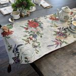 DaDa Bedding Elegant Floral Blue Roses Tapestry Table Runner - Tropical Paradise Exotic Botanical Flowers Birds Nature Garden Berries - Multi-Colorful Linen Woven Kitchen Dining Mats - 13" x 54"