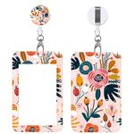 Badge Reels Retractable with Carabiner Reel Clip, Worker Badge Holder Belt Ferrule, Identity ID Badge Holder Case, Nurse Doctor Office School Teacher Name Credit Card Pocket (H-Pink Flower)