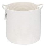 Sea Team Medium Size Cotton Rope Woven Storage Basket with Handles, Laundry Hamper, Trunk Organizer, Clothes Toys Bin for Kid's Room, 13.8 x 10.2 inches, Round Open Design, White