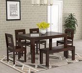 NISHA FURNITURE Sheesham Wood Dining Table 6 Seater Dining Set | Wooden 6 Seater Dining Table with 4 Chairs and 1 Bench | in Walnut Finish