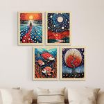 ArtX Paper Women Polka Dots Art Paintings with Frame for Home Decor, Wall Painting for Living Room, Multicolor, Natural Wood Color Frames, Set of 4