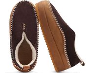 KuaiLu Men's Moccasin Slippers Memory Foam Indoor/Outdoor Warm Suede House Shoes Winter Clogs Slip-on Boots Slippers For Man with Fuzzy Sherpa Lining & Arch Support, Khaki Brown Size 8