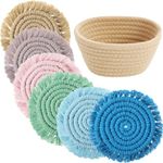 Nuenen 6 Pcs Macrame Drinks Coasters Colorful Cotton Woven Absorbent Coaster Farmhouse Cup Tassel Coaster with Holder Housewarming Gift for Kitchen Office Coffee Table Decor, 4 In(Morandi)