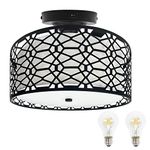 Facon 11'' RV Pendant Dining Table Light with Switch, Replaceable 2 x E26 LED Bulbs, Decorative Fabric Dinette Light Fixture, Black Cage Shape, 12V DC Interior Light for RV Motorhome Camper Trailer